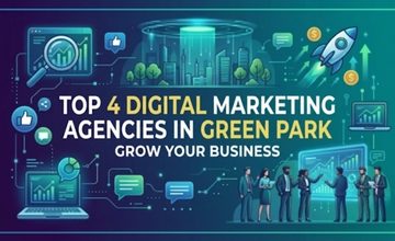 Top 4 Digital Marketing Agencies in Green Park graphic showing business growth metrics and marketing team