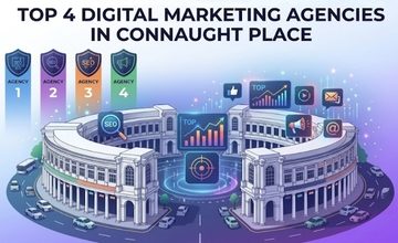 Illustration of Connaught Place inner circle building with digital marketing icons representing top agencies in CP Delhi