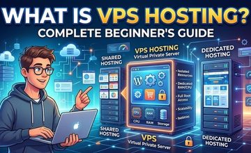 An illustrated beginner's guide banner for VPS hosting featuring a developer with a laptop comparing shared hosting, virtual private servers, and dedicated hosting architectures.