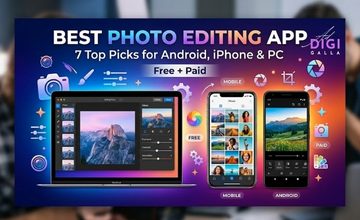 A promotional banner showing a laptop and two smartphones displaying landscape photography and image galleries, titled Best Photo Editing App 7 Top Picks.