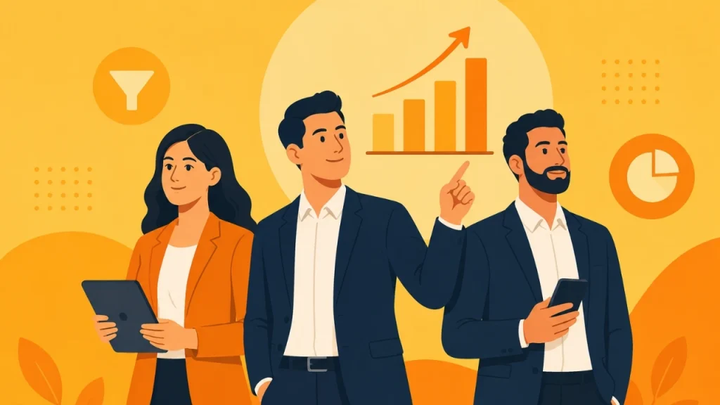 Flat vector illustration of a diverse business team analyzing data growth with charts and graphs on a yellow background.