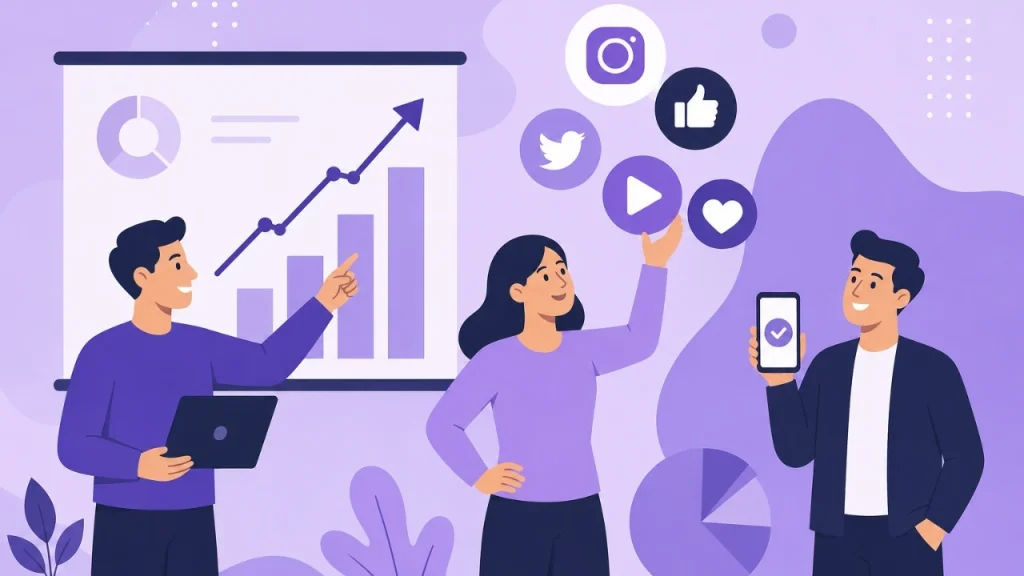 Vector illustration of marketing professionals tracking social media growth and icons for Instagram, Twitter, and YouTube on a purple background