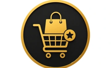 Golden shopping cart icon with a shopping bag and star badge inside a black circle.