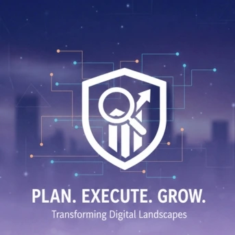 Business growth graphic featuring a shield with a magnifying glass over a bar chart, with text reading "PLAN. EXECUTE. GROW. Transforming Digital Landscapes
