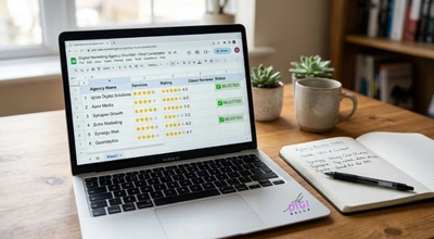 shortlist of digital marketing agencies being compared on a laptop screen