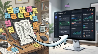 comparison of a cluttered lead-tracking notebook versus a single CRM dashboard