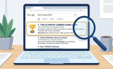A flat-style vector illustration of a search results page on a laptop screen, with the top result highlighted in a colored box and a small trophy icon beside it, a magnifying glass hovering over the page