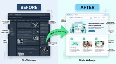A simple before-and-after style illustration, a dim webpage on the left labeled Before and a brighter, organized webpage on the right labeled After, connected by an arrow
