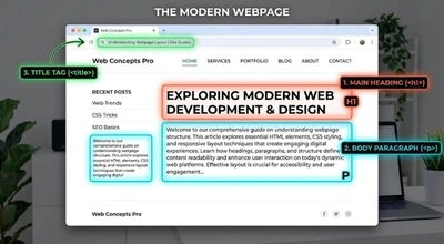 A webpage layout mockup with the title tag, main heading, and body paragraph each highlighted in a different color to show how they relate to each other.