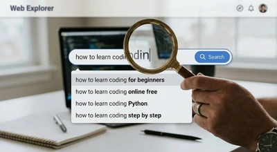 A magnifying glass hovering over a search bar with a dropdown list of related search suggestions beneath it.