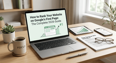 A laptop displaying "How to rank your website on Google's first page: The Complete 2026 Guide" with an SEO checklist and charts on a desk.
