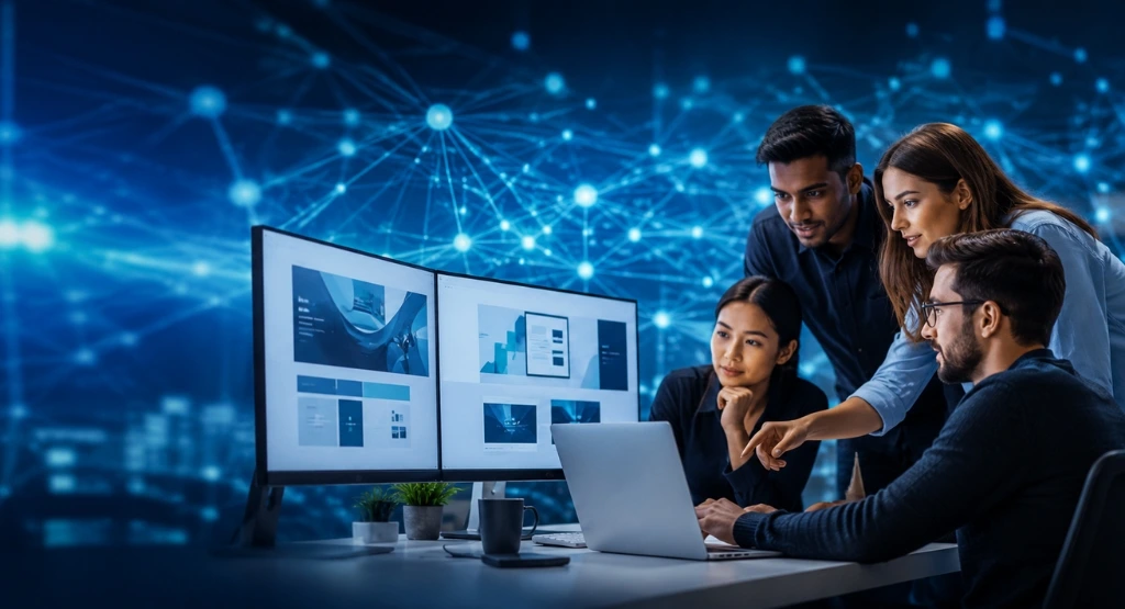 A team of diverse web designers and developers collaborating on user interface (UI) designs using dual monitors and a laptop in a high-tech office.