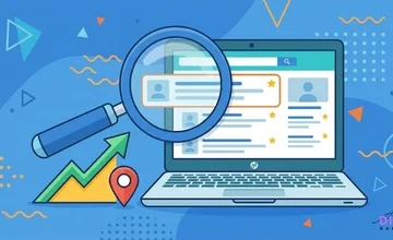 A flat-style vector illustration explaining what is SEO, showing a magnifying glass analyzing search result rankings on a laptop screen alongside a growth arrow and a location pin.