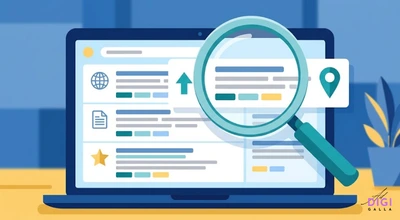 An illustration of a dark blue laptop screen displaying a list of search results featuring icons for a globe, a document, and a gold star. A large teal magnifying glass zooms in on a top search result that displays an upward-pointing arrow and a green map location pin.