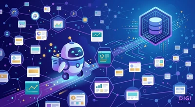 A digital network graphic showing a small white cartoon robot with a friendly expression rolling along a purple path. The robot is surrounded by interconnected lines and glowing nodes containing various graphs and web page previews, leading toward a floating purple hexagon enclosing a stack of database cylinders.