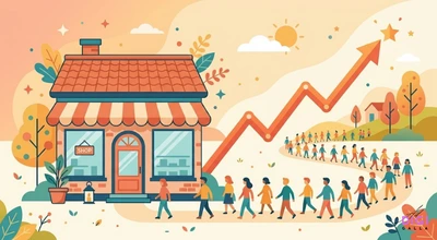 A colorful vector illustration of a brick-and-mortar shop with a red tiled roof and a striped awning. A long, winding line of diverse people is walking toward the store entrance, framed by a rising orange zigzag arrow pointing up toward a star in a sunny sky.