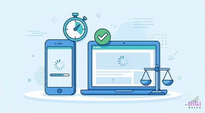 A clean, line-art illustration featuring a blue smartphone on the left and an open blue laptop on the right, both displaying loading wheel icons on their screens. A green circle with a white checkmark sits above the laptop alongside a blue stopwatch, while a classic balance scale rests next to the computer.