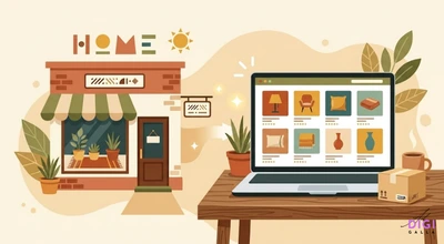 An illustration showing a cozy storefront labeled "HOME" next to an open laptop sitting on a wooden desk. The laptop screen displays a grid of furniture and decor items like lamps, chairs, and vases, with a cardboard shipping box and coffee mug sitting nearby.