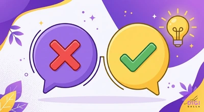 A bold graphic featuring two speech bubbles against a purple and white background. The left speech bubble is purple with a large red 'X' mark, and the right speech bubble is yellow with a green checkmark, accompanied by a glowing yellow lightbulb shining to the upper right.