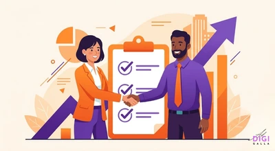 An illustration of a woman in an orange blazer shaking hands with a man in a purple shirt and orange tie. They are standing in front of a large clipboard containing three checked boxes, backed by an upward-trending purple arrow and bar charts representing business growth.