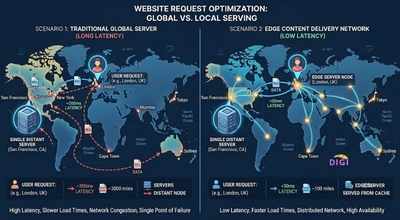 comparison of a slow long-distance server request versus a fast nearby CDN request