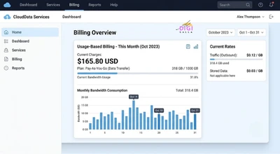usage-based CDN billing dashboard showing monthly bandwidth consumption
