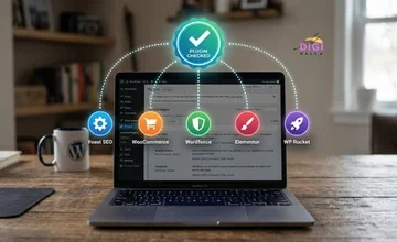 best SEO plugins for WordPress in 2026, laptop showing a WordPress dashboard with plugin icons