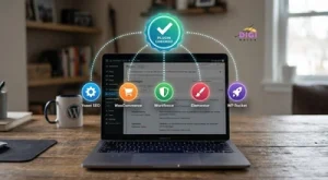 best SEO plugins for WordPress in 2026, laptop showing a WordPress dashboard with plugin icons