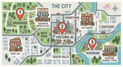 map showing three business locations in different neighborhoods, representing a multi-location business