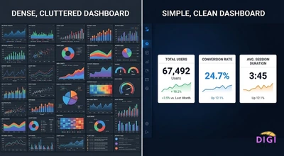 comparison of a cluttered SEO dashboard versus a simple beginner-friendly dashboard
