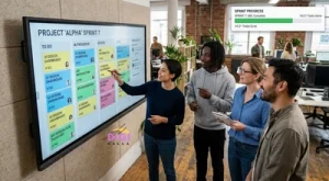best project management software for small teams in 2026, team gathered around a shared task board on screen
