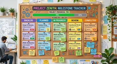 colorful customizable monday.com-style project board with status columns and a progress bar