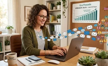 email marketing tools for small business in 2026, business owner sending a campaign from a laptop dashboard