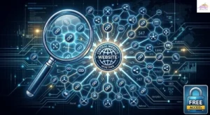 backlinks checker free tools in 2026, magnifying glass examining a web of backlinks pointing to a website
