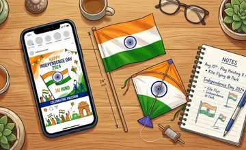 Independence Day marketing ideas, smartphone showing a tricolor Independence Day post template on a desk