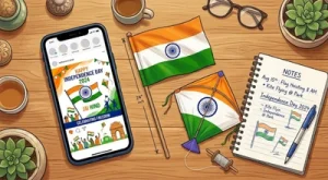 Independence Day marketing ideas, smartphone showing a tricolor Independence Day post template on a desk