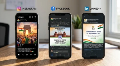 three phone mockups showing platform-specific Independence Day post styles for Instagram, Facebook, and LinkedIn