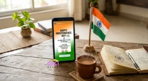 Republic Day marketing ideas, smartphone showing a tricolor Instagram story template on a desk