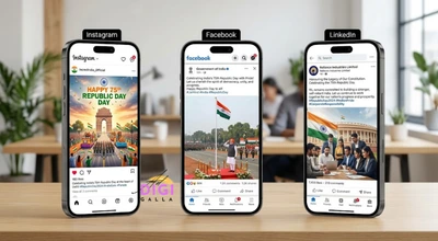 three phone mockups showing platform-specific Republic Day post styles for Instagram, Facebook, and LinkedIn