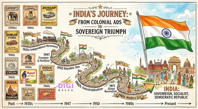 timeline illustration representing a brand's decades of history alongside India's milestones