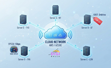 best cloud hosting in 2026, five server icons connected to a central cloud with a price tag and speedometer