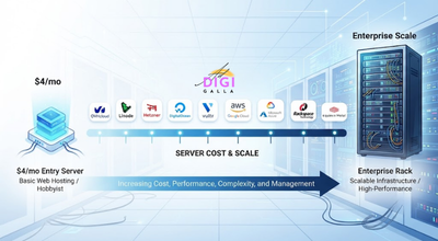 scale illustration showing cloud hosting providers ranging from budget developer VPS to enterprise infrastructure