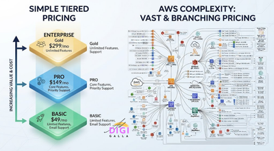 comparison illustrating AWS's complex, granular pricing structure against simpler flat-tier providers