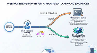 illustration of a project's growth path from managed hosting toward either unmanaged or Cloudways-style options