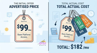 comparison of a single advertised WhatsApp tool price versus the real layered cost with add-ons