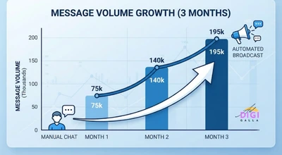 chart showing message volume growth prompting a move from manual chat to an automated broadcast tool