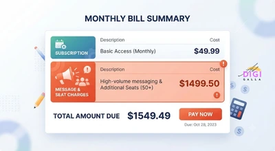 bill breakdown showing the subscription fee versus larger message and seat charges