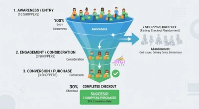 funnel illustration showing that roughly 7 out of 10 shoppers abandon their cart before checkout