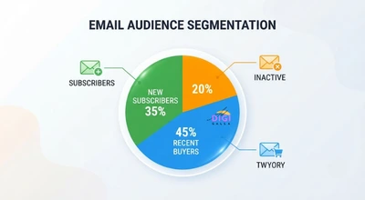 pie chart illustrating different ecommerce email segments including new subscribers, recent buyers, and inactive contacts