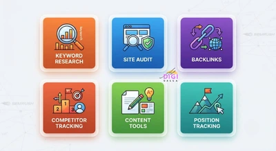 grid of icons representing Semrush's core SEO tool categories